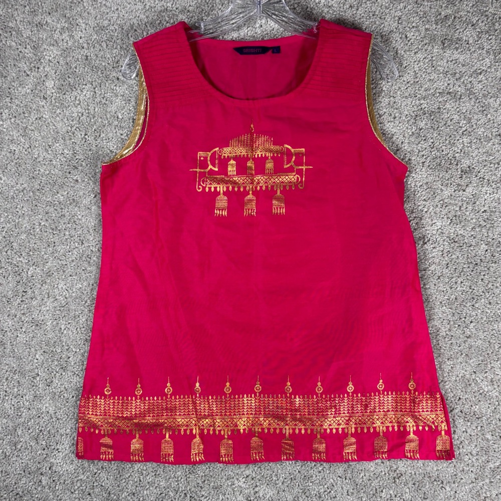 SRISHTI Womens Pink‎ Gold Elephant Temple Tunic Top Size L Sleeveless
